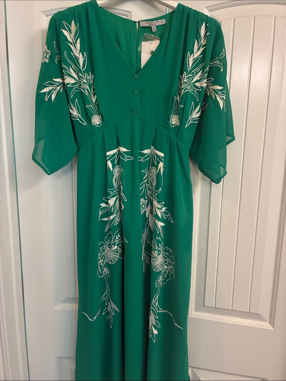 Maternity Emerald Green Dress with White Embroidery